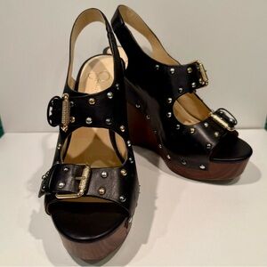 Jessica Simpson Black Wedge Platform Sandals Gold & Silver Studded